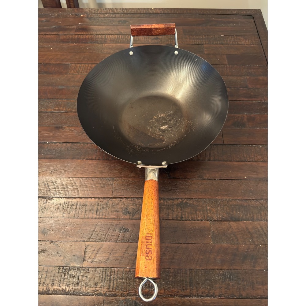 Imusa Carbon Steel Wok with Wood Handle & Helper Handle Black 14 inch Flat Base